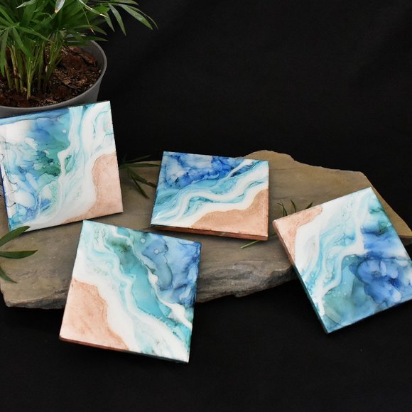 Drink Coasters | Sand and Sea | Set of 4 Beach Theme | Original Alcohol Ink Art - Picture 1 of 3
